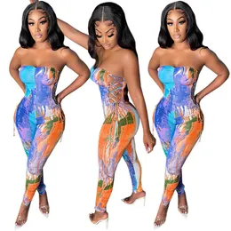 Kvinnors Jumpsuit 2022 Trender Fashion Casual Oljemålning Utskrift Lace Up Sommar Nya Rompers Sexiga Strawing Pants Bodysuit Slim Trailsuits One Color