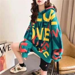 QRWR Korean Women Hoodie Sweatshirts Vinter Casual Fleece Oversized Hoodies Lös brevtryck Tjockad för tjejer 210803