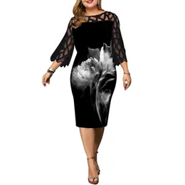 Women's Dress 4xl 5xl 6xl Plus Size Dress for Ladies Birthday Mesh Printed Black Party Dress Sexy Clubwear Summer Clothing 2021 210303