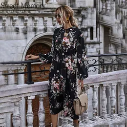 Casual Dresses Sweet Memory 2021 Puff Sleeve Robe Autumn Winter Floral Dress Women Bow High Wasit Long