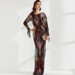 Women's Evening Party Dresses Scoop Neckline Long Sleeves Tassels Sequined Elegant Mermaid Maxi Prom Gown