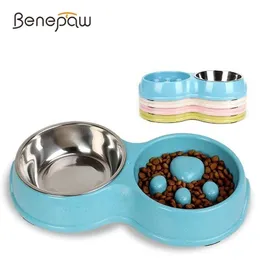 Benepaw Eco Friendly Slow Feeder Doppia ciotola per cani per cani Gatti Qualità in acciaio inossidabile antiscivolo Alimenti per animali Ciotola per cani Bere Y200922