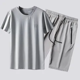 Men's Tracksuits 2PCs Sets Summer Korean Fashion Thin Mesh Design Breathable Ice Silk Touch Mens Tracksuit Casual T Shirts And Shorts 5XL