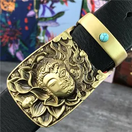 Bälten Buddha Brass Belt Buckle Leather Men Ceinture Jeans Cowboy Man äkta riem manlig cinturon midja mbt0073334b