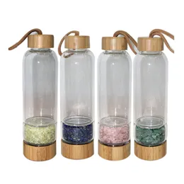 450 ml Bambusabdeckung Kristall Flasche Naturbrotte Edelstein Glasschale Outdoor Campingkessel Haushalt Wasserbecher 0513