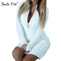 Mini Fashion Zip-up antaint antumn Winter Sweater Dress مثيرة v