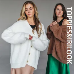 Topy Sweter zimowy Cardigan Kobiety Faux Fur Dzianiny Sweter Przycisk Green Cardigan Ciepłe Topy 211215