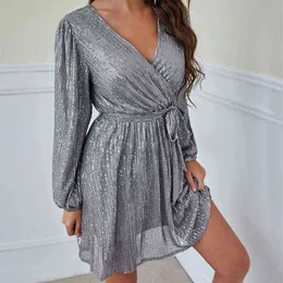 Women Autumn Sexy Deep V Neck Dresses New Fashion Draped Shiny Sequin Party Dress Elegant Lightly cooked Loose Lace-up Dresses Y1204