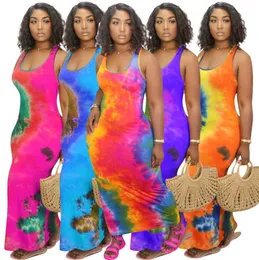 Kobiety Długa Dress Designer Solid Color Tie Dye Krótki Rękaw Dorywczo Spódnica Sexy U Neck Big Huśtawka Drukowane Bez Rękawów Maxi Sukienki