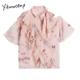 Yitimuceng floral impressão blusa mulheres babados arco lace up strapless camisas soltas chiffon roupas verão moda tops 210601