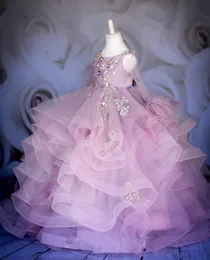 Nowy gorąca urocza ballowa suknia balowa kwiat dziewczyny długie rękawy kryształowe falbany Tiulowe dla dzieci sukienki urodzinowe