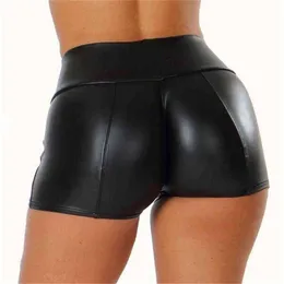 2022 Kobiety Wysokiej Talii Faux Skórzane Szorty Sexy Slim Black Leather Short Spodnie Casual Elastyczne Push Up Pu Spodenki Bodycon Szorty Y220311