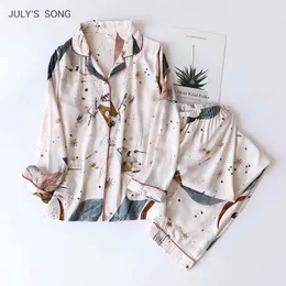 JULY'S SONG 100% Viscose Women Casual Long Sleeve Sleepwear Pajamas Set Printed Pockets Summer Cool Pyjama Suit Femmel