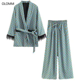 Kvinnors passar ankomst blå tryckt kimono jacka med fjäder ärmar breda benbyxor tvådelade vintage kläder kostymer 210527
