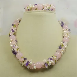 石のネックレスブレスレット、ピンクのオリビアンパールミックスダングングル、手作り完璧な宝石ジュエリー。