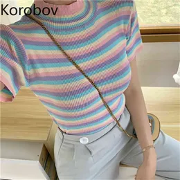 コロバフ到着夏の女性Tシャツ韓国のカラフルな縞模様の作物オプセラジュクの街路街の襟のシャツ78190 210720