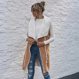 Damskie Kurtki Jesień Zima Bez Rękawów Suede Jacket Women 2021 Casual Medium Długi Otwarty Stitch Duży Wyłącz Kołnierz Płaszcz