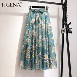 Tigena floral chiffon chiffon saia longa mulheres moda verão boho feriado uma linha alta cintura plissada saia feminina com cinto 210310