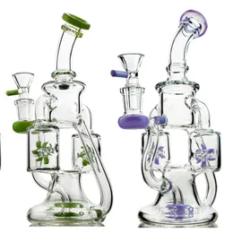 Narghilè unici Bong di vetro verde viola Doppio riciclatore Tubi d'acqua Elica Spinning Percolater Perc Oil Rigs 14mm Joint Dab Rig