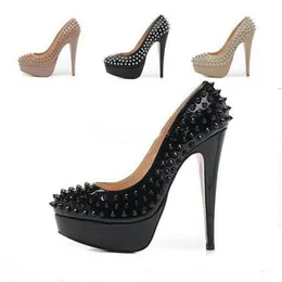 14cm Designer Sexy Damen Spikes Nieten Redbottom Schuh High Heels Pumps Luxus-Plattform Schwarzes Echtes Leder Kleid Hochzeitsschuhe für Womens