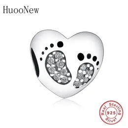 Fit Original Pandora Charm Bracelet 925 Sterling Silver Enamel Baby Footprint Natural Zircon Stone Bead For Making Berloque 2019 Q0531