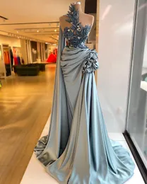 Dusty Blue Evening Dresses One Shoulder Embroidery Mermaid Peplum Ruffles Custom Made Satin High Split Prom Party Gown Vestidos 401
