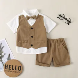 Spädbarn nyfödda kläder sätter kort ärm baby pojke födelsedagsdräkt outfit falsk två bågskjorta med shorts