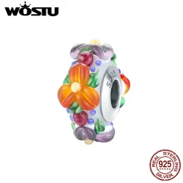 Wostu 100％925スターリングシルバーカラフルな花チャームガラスビーズフィットオリジナルブレスレットネックレスペンダントDIYジュエリーCQC1720 Q0531