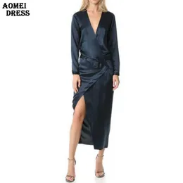 Clearance Satin Seidenroben Kleid Schlitz Frauen Wrap V-Ausschnitt Sexy Langarm Split Unregelmäßige Sommer Dunkelblau S M L XL 2XL 210527