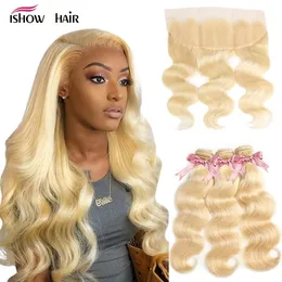 Ishow Brazilian Body Wave Human Hair Bundles Wefts Extensions 3pcs with Lace Frontal Closure 613 Blonde Color for Women 10-30inch Peruvian