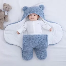 Winter Newborn Infant Baby Thickened Swaddle Bag Cartoon Bear Ear Hooded Lamb Fleece Sleeping Bag Envelop Blanket Warm Sleep Sack