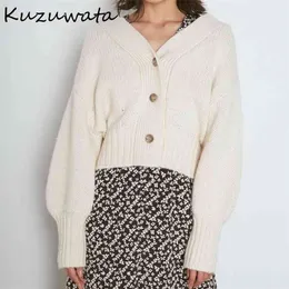 Kuzuwata Simples Doce Soltos Mulheres Cardigan Primavera V Neck Único Breasted Knit Casaco Casual Design Sólido Sleeers 210812
