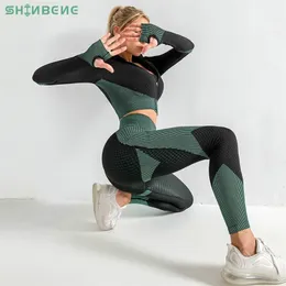 SHINBENE Nahtlose Workout Yoga Sets Frauen Stretchy Sport Fitness Anzüge Voller Reißverschluss Crop Tops Hohe Taille Leggings Activewears 210813
