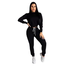 Novas mulheres designers roupas fatos de treino 2021 moda casual feminina esportes cor sólida manga longa pulôver topo calças com cordão conjunto