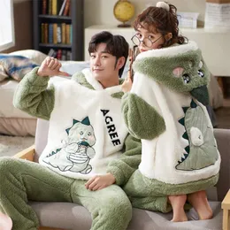 Парные комплекты Pamas для женщин и мужчин, зимние утолщенные пижамы, одежда для сна с рисунком динозавра, корейские влюбленные, домашняя одежда, мягкая теплая пижама с капюшоном 210928
