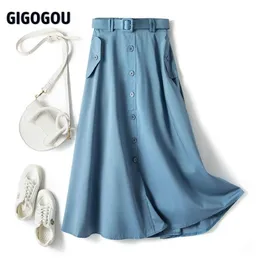 Gigogou Büyük Cep Kadınlar Uzun MIDI Etek Zarif Yüksek Bel Pileli Bir Çizgi Etekler İlkbahar Yaz Tül Tutu Etekler Jupe Longue 210730