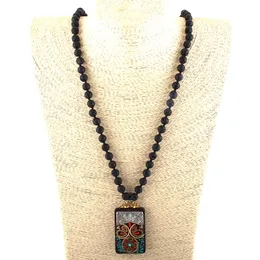 Pendant Necklaces Fashion Bohemian Tribal Jewelry Lava Stone Long Knotted Square Wood Women Ethnic Necklace