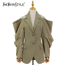 TWOTWINSTYLE Solid Fold Pleated Women Coat Notched Long Sleeve Gathered Waist Cut Out Women's Blazer Fashion Clothing 211019