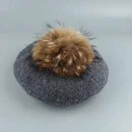 Stor riktig päls pompom beret kvinnor vintage artist beret hatt tjejer höst vår ull stickad lock