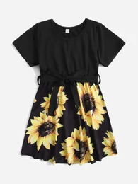 Toddler Girls 1pc Sunflower Print Belted Klänning Hon