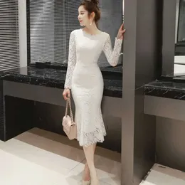 Abiti da donna in pizzo estivo O-Collo Elegante sexy a metà polpaccio Guaina manica lunga da cerimonia formale Abito bianco Abiti femminili neri 210625