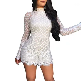 Women's Jumpsuits & Rompers Elegant Women Solid Slim Casual Bodysuit Long Sleeve Lace Romper Short Pants With Zipper Bandage Playsuits 2021