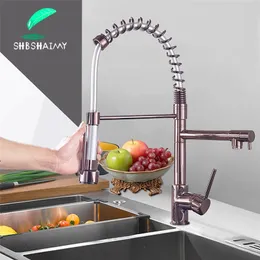 SHBSHAIMY Chrome / Rose Gold Spring Kök Kranar Svart Dra Down Down Kitchen-Sink Crane Dual Swivel Spout Tap Cold Water Mixer 210719