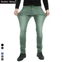 Brother Wang Brand Mäns Elastiska Jeans Fashion Slim Skinny Jeans Casual Pants Byxor Jean Male Green Black Blue 210622