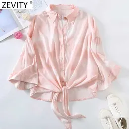 Zevity女性ファッションタイ染料印刷カジュアル着物のシャツ女性裾ちょう結び甘いブラウスRoupas Chic Chemise Tops LS9387 210603