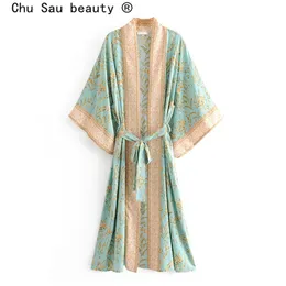 Sprzedawanie vintage Boho Floral Print Long Kimono Cardigan Summer Tops Belted Beachwear Vestido Blusas Mujer 220122