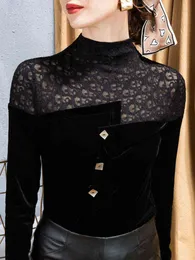 Fransk Retro Lace Bottoming Shirt för Fall / Winter 2021 Ny Gold Velvet Stitching Top Western Dance Clothes H1230