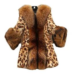 Kvinnors Fur Faux 2021 Leopard Coat Kvinnor Vinter V-Neck Fashion Long Top Plus Storlek Lös Höst Casual Warm Raccoon Jacket N1264