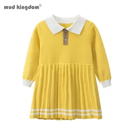 Mudkingdom Girls Dresses Autumn Long Sleeve Lapel Cute Pleated Knit Warm Dress for 210615