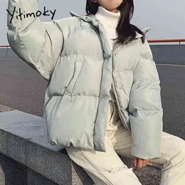 Yitimoky Hoodie Kort jacka Kvinna Vinter Beige Bomull Hood Collar Coat Warm Parkas Koreansk Fashion Outwear Kvinna Kläder 211130